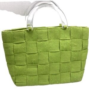 Vtg M&G Bertini Italy Seatbelt Woven Handbag Purse Lucite Handles Lime Green